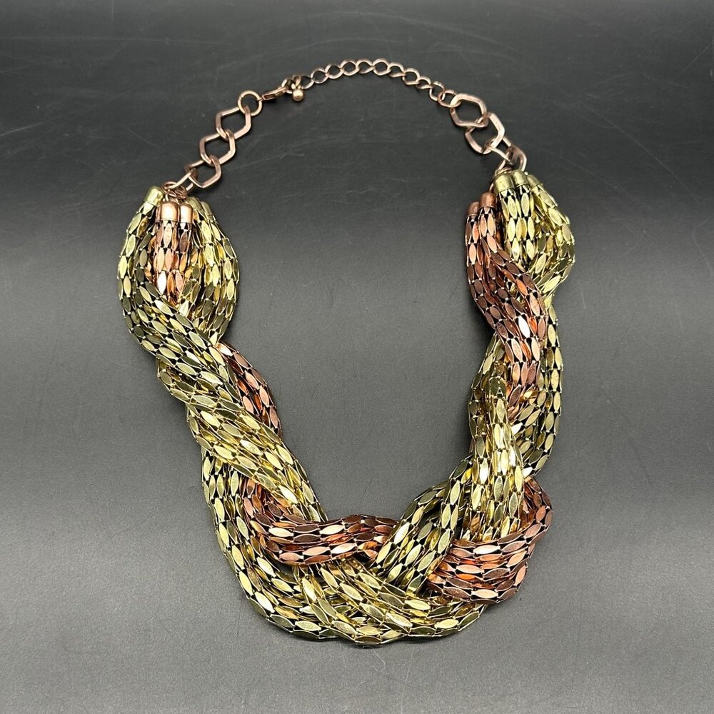 Vintage Braided Chain Necklace Copper Gold Tone Metal Multple Strands 1980s Glam - Picture 4 of 8